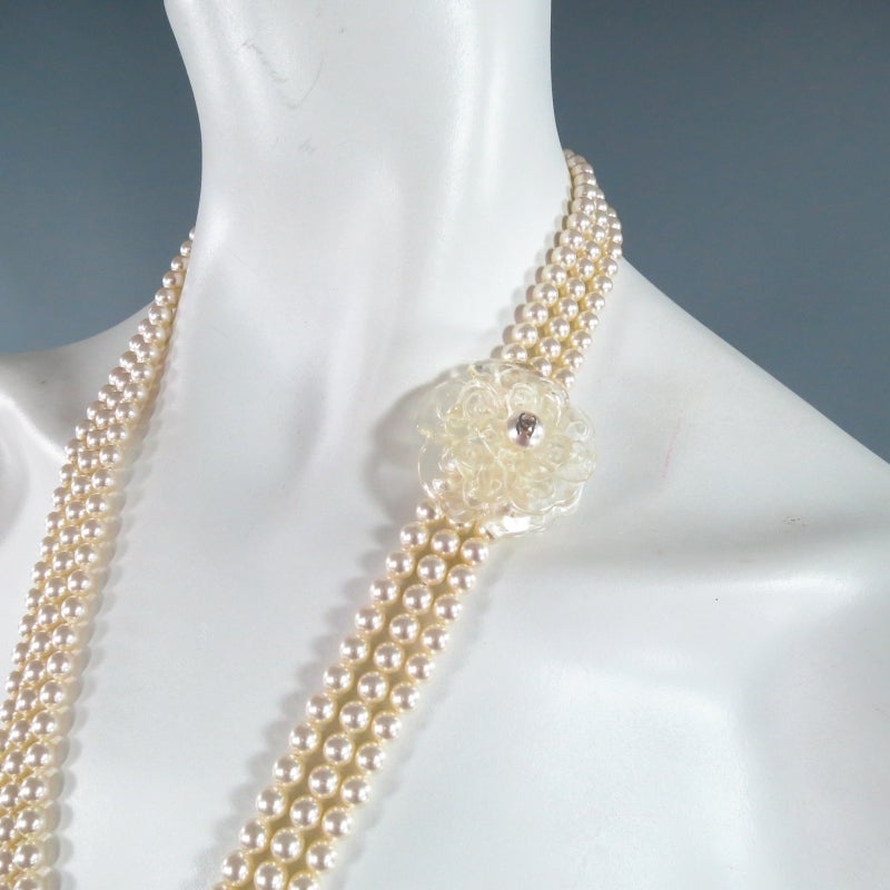 Art Deco 2003s CHANEL Tripple Pearl Strand Clear Camellia Flower And Leaves Necklace