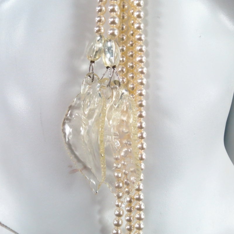 Women's 2003s CHANEL Tripple Pearl Strand Clear Camellia Flower And Leaves Necklace