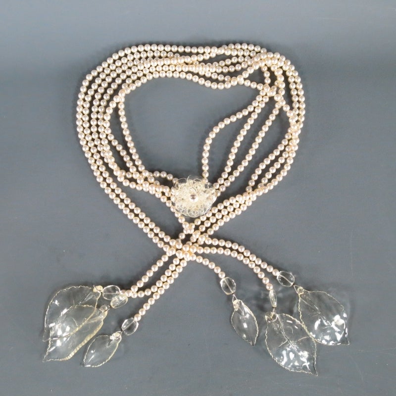 2003s CHANEL Tripple Pearl Strand Clear Camellia Flower And Leaves Necklace 2