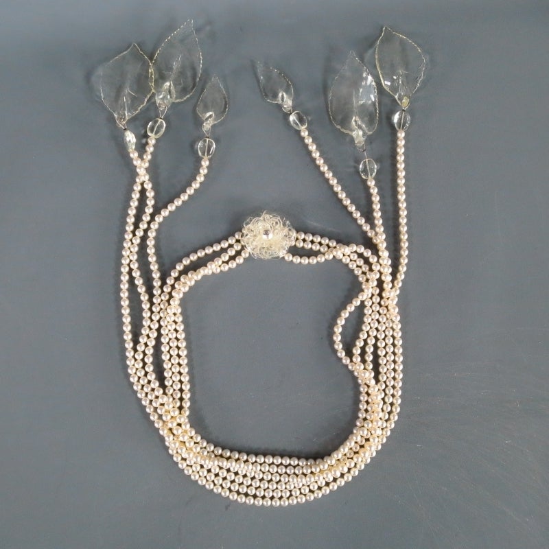 2003s CHANEL Tripple Pearl Strand Clear Camellia Flower And Leaves Necklace 3