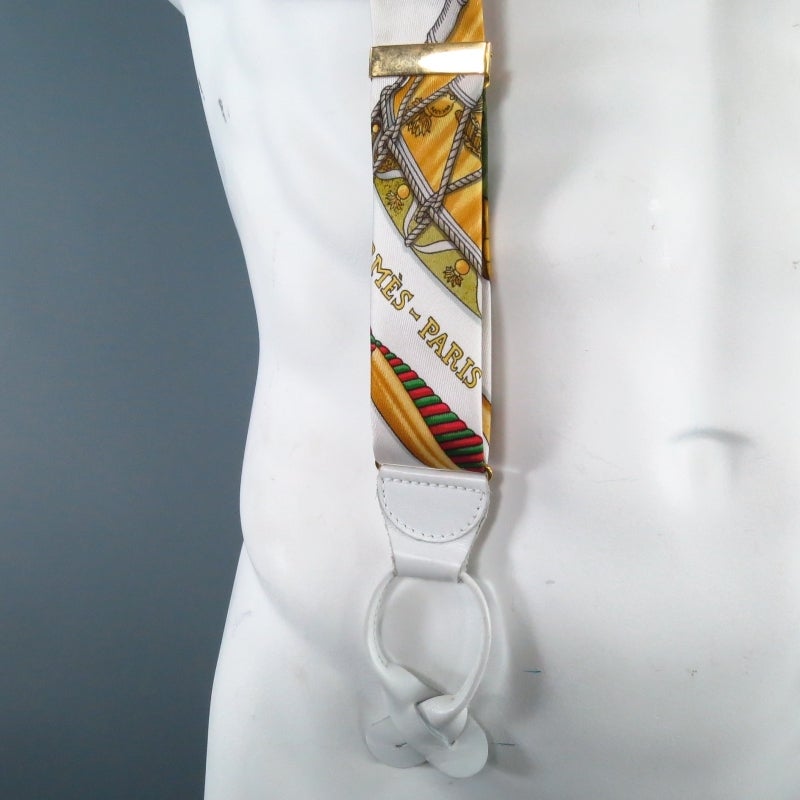 HERMES White Golden Ropes Ornate Print Silk Suspenders 3