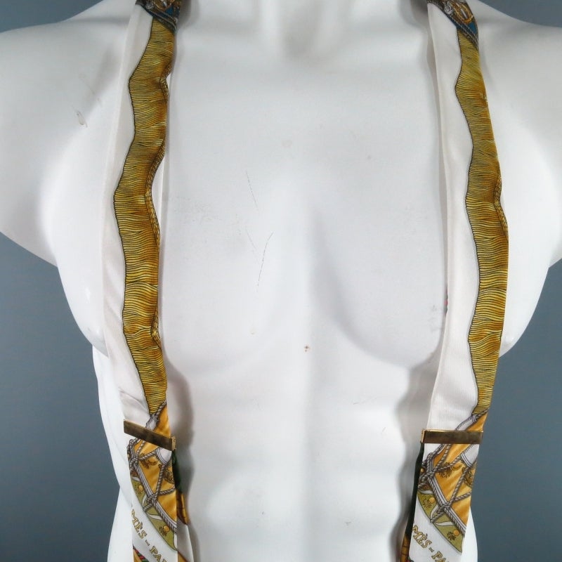 Beige HERMES White Golden Ropes Ornate Print Silk Suspenders