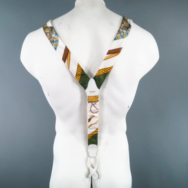 HERMES White Golden Ropes Ornate Print Silk Suspenders 1