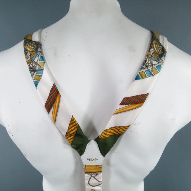 HERMES White Golden Ropes Ornate Print Silk Suspenders 2