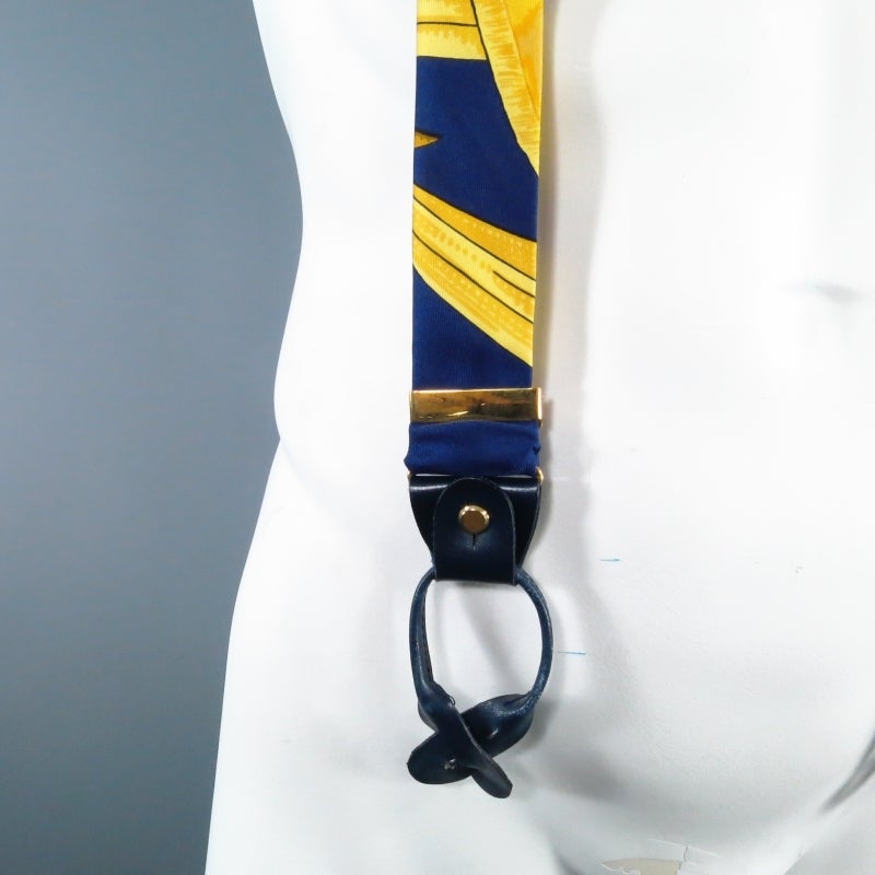 HERMES Navy & Gold Ornate Brocade Print Silk Suspenders In Excellent Condition In San Francisco, CA