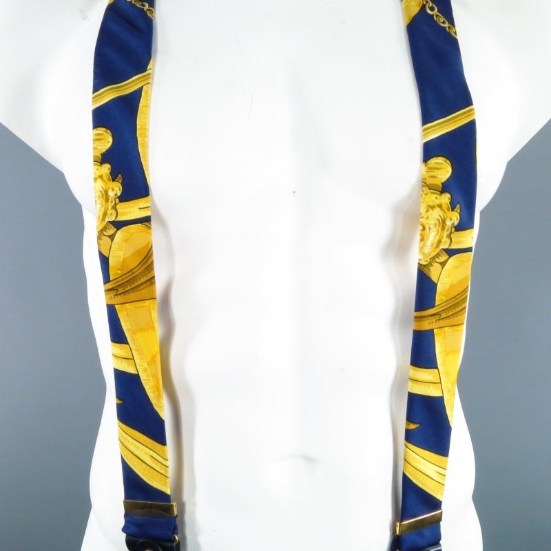 Men's HERMES Navy & Gold Ornate Brocade Print Silk Suspenders