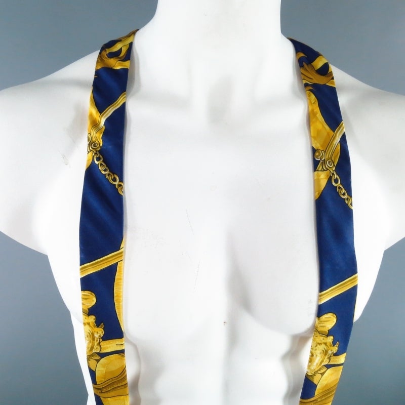 Brown HERMES Navy & Gold Ornate Brocade Print Silk Suspenders