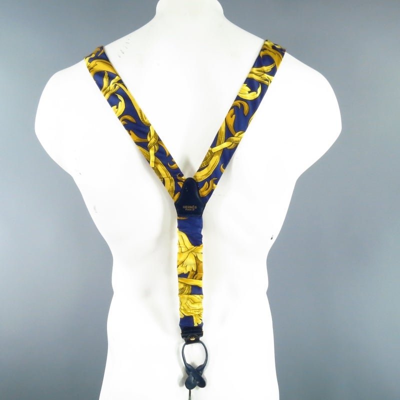 HERMES Navy & Gold Ornate Brocade Print Silk Suspenders 1