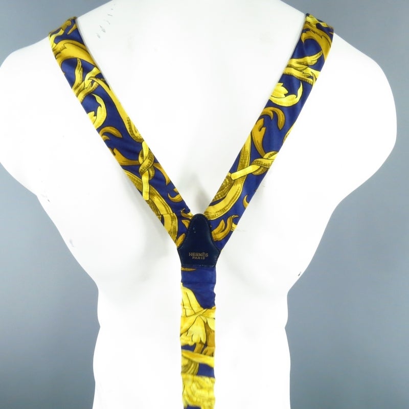 HERMES Navy & Gold Ornate Brocade Print Silk Suspenders 2