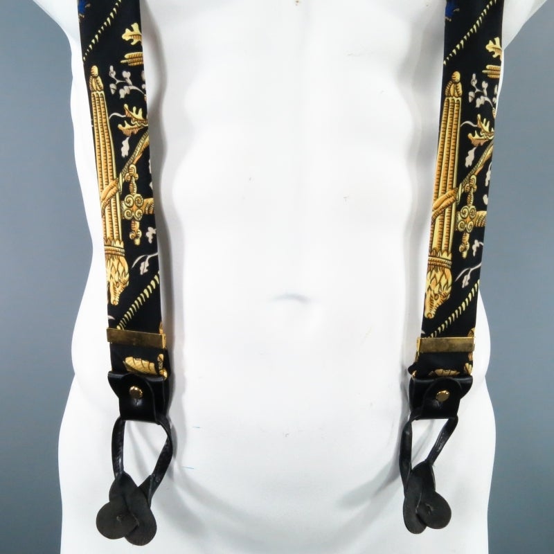 Men's HERMES Black & Gold Ludovicus Magnus Print Silk Suspenders