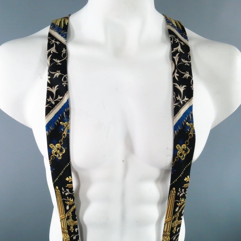 HERMES Black & Gold Ludovicus Magnus Print Silk Suspenders In Excellent Condition In San Francisco, CA