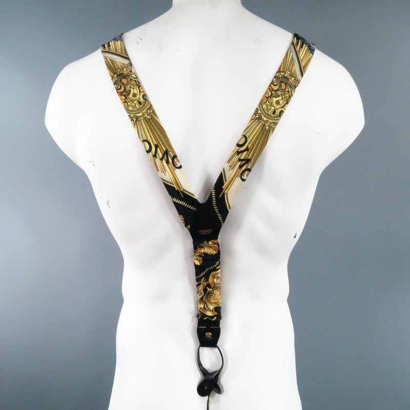 HERMES Black & Gold Ludovicus Magnus Print Silk Suspenders 2