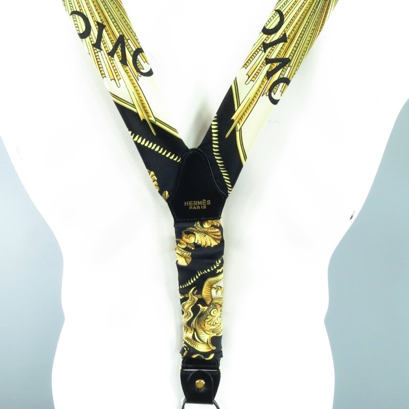 HERMES Black & Gold Ludovicus Magnus Print Silk Suspenders 1