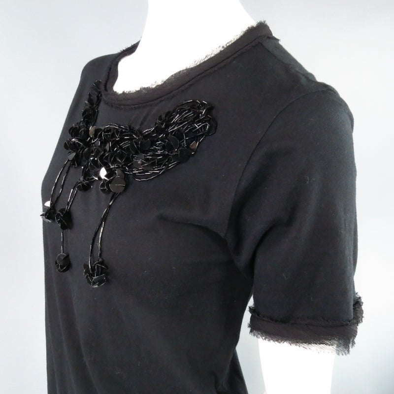 LANVIN Size M Black Sequin Embellished Raw Edge Pullover T Shirt In Excellent Condition In San Francisco, CA