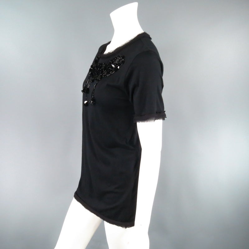 LANVIN Size M Black Sequin Embellished Raw Edge Pullover T Shirt 1