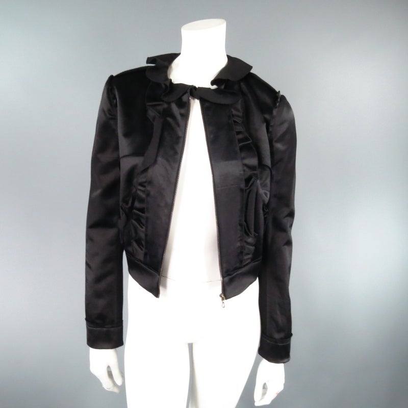 LANVIN Size 8 Black Hammered Satin Cropped Ruffle Jacket In Excellent Condition In San Francisco, CA
