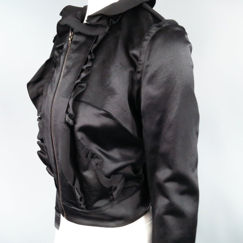 Women's LANVIN Size 8 Black Hammered Satin Cropped Ruffle Jacket
