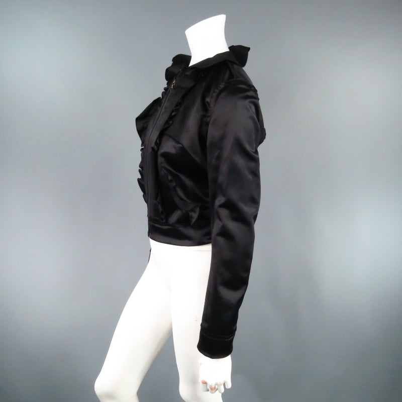 LANVIN Size 8 Black Hammered Satin Cropped Ruffle Jacket 1