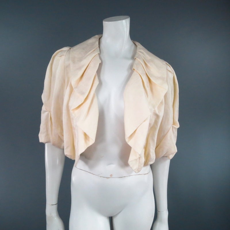 LANVIN Size 8 Cream Gathered Linen Collar Bolero Shrug Jacket 2006 at