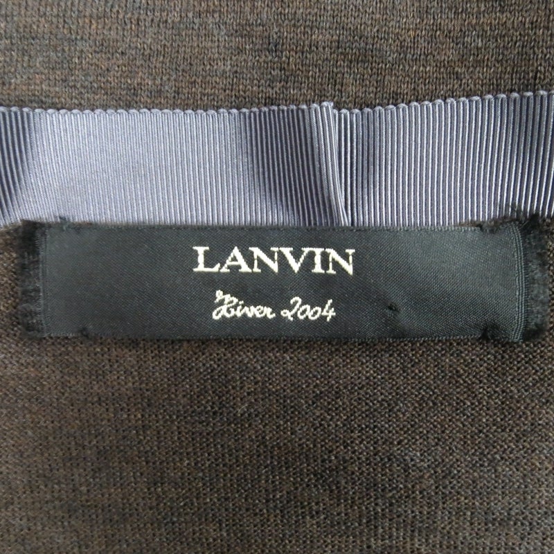 LANVIN Size M Taupe Wool Deep V Ribbon Trim Sweater 2004 2