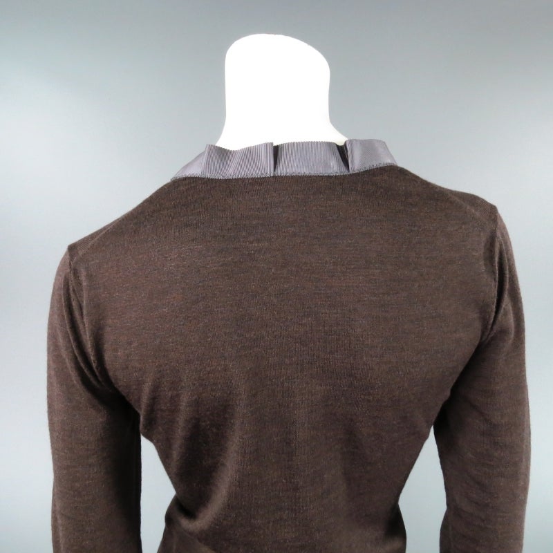 LANVIN Size M Taupe Wool Deep V Ribbon Trim Sweater 2004 1