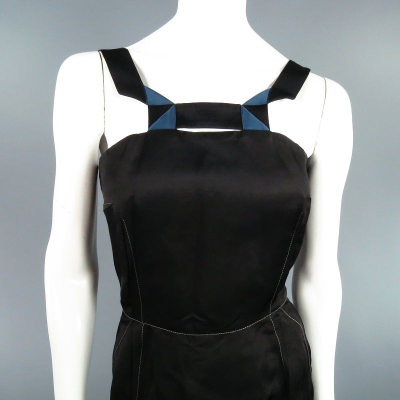 Women's LANVIN Size 6 Black & Teal V Geometric Neckline Cocktail Dress 2006