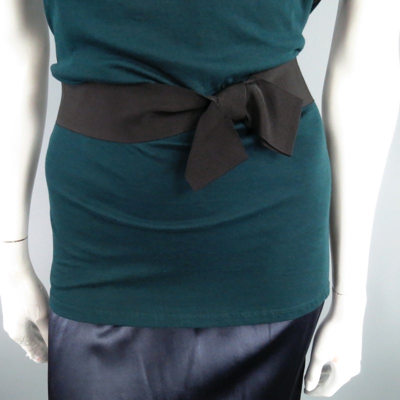 LANVIN Size L Teal & Navy Two Tone Layered Ribbon Bow Waist Dress In Excellent Condition In San Francisco, CA
