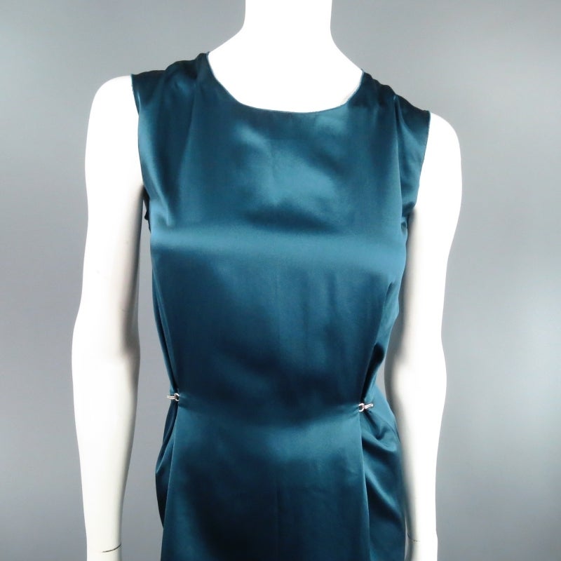 LANVIN Size 8 Teal satin Hook Eye Dart Shift Dress 2007 In Excellent Condition In San Francisco, CA