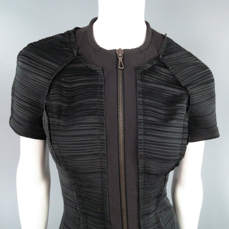 LANVIN Size 8 Black Pleated Satin Short Sleeve Zip Dress In Excellent Condition In San Francisco, CA
