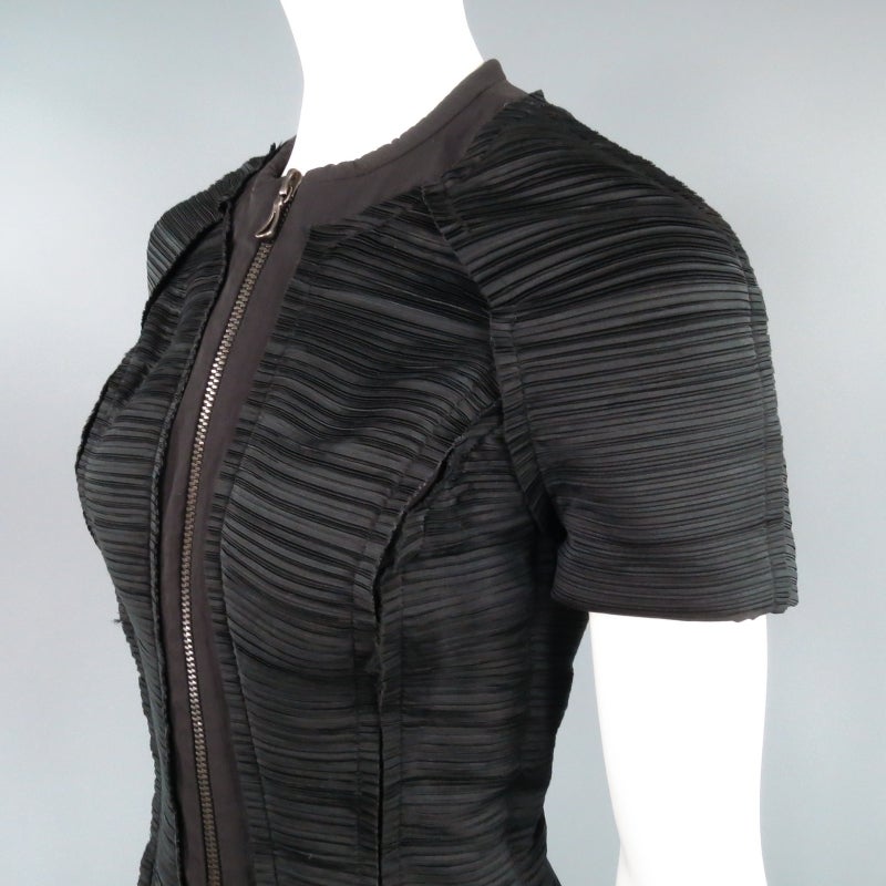 Women's LANVIN Size 8 Black Pleated Satin Short Sleeve Zip Dress