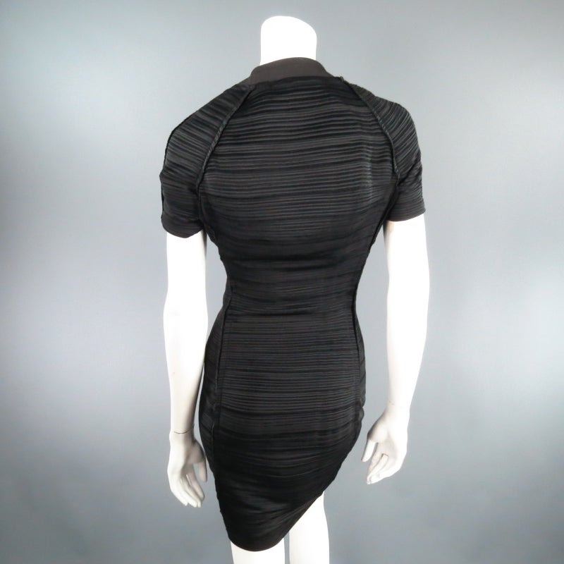 LANVIN Size 8 Black Pleated Satin Short Sleeve Zip Dress 2