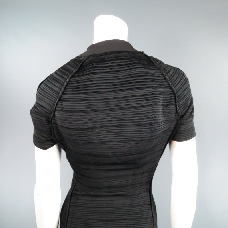 LANVIN Size 8 Black Pleated Satin Short Sleeve Zip Dress 3