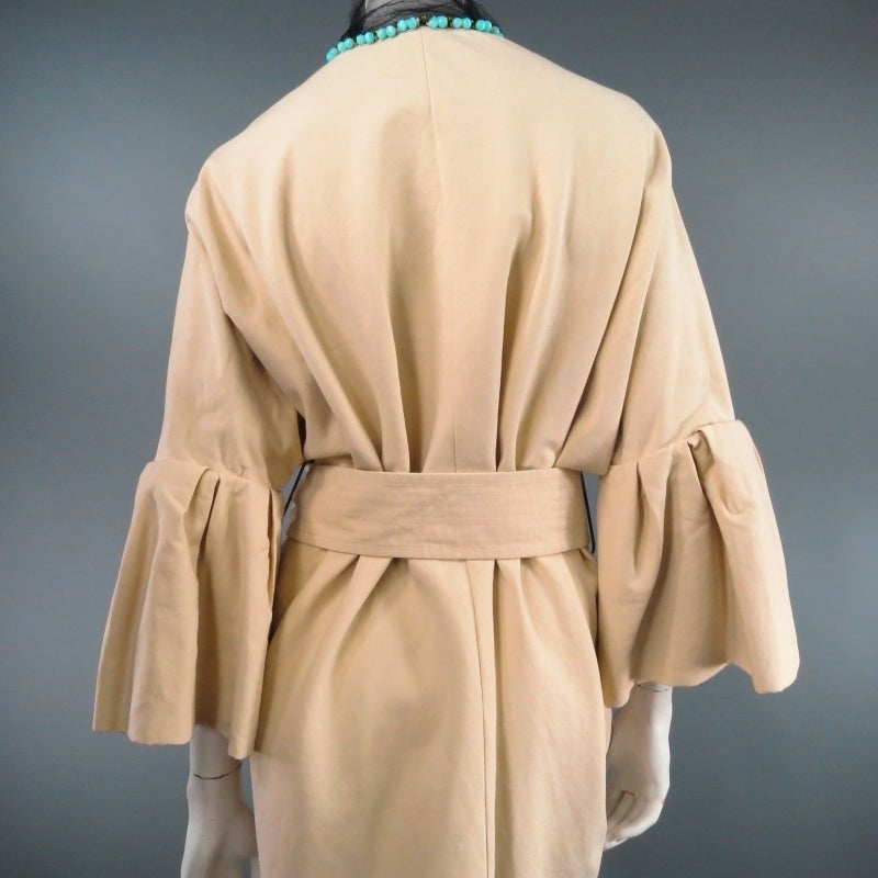 LANVIN Size 6 Beige Flounce Sleeve Teal Beaded Tulle Neckline Coat 2006 3