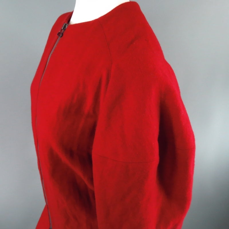 Women's LANVIN Size 6 Red Wool Blend 3/4 Puff Sleeve Minimalist Zip Coat 2007