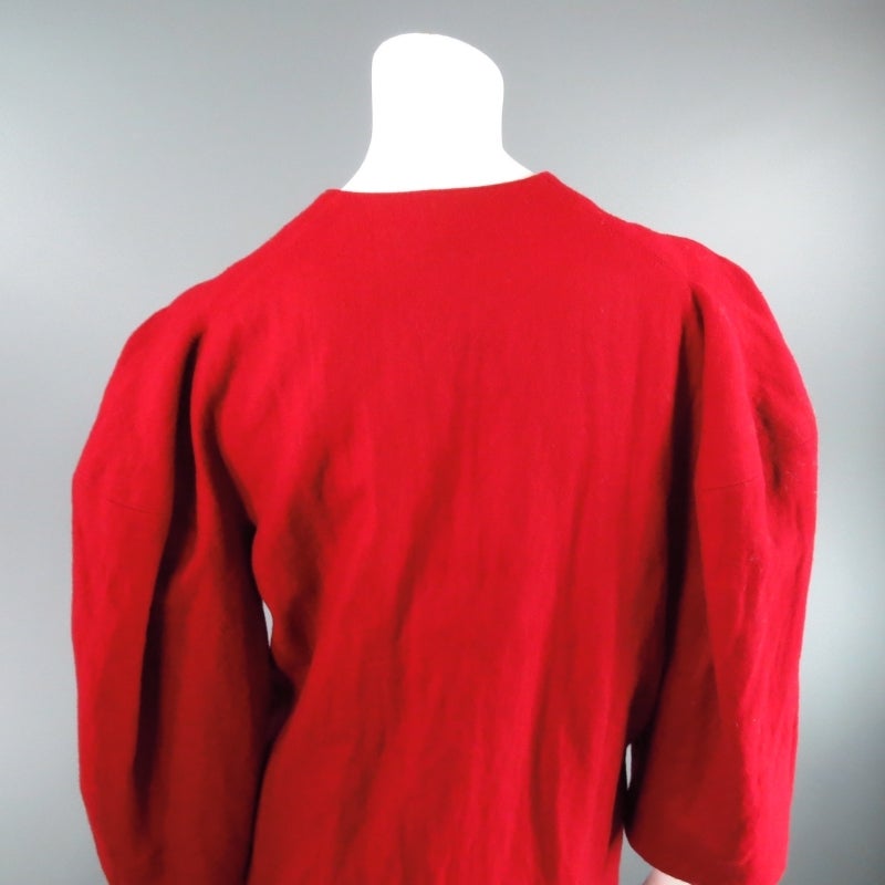 LANVIN Size 6 Red Wool Blend 3/4 Puff Sleeve Minimalist Zip Coat 2007 2