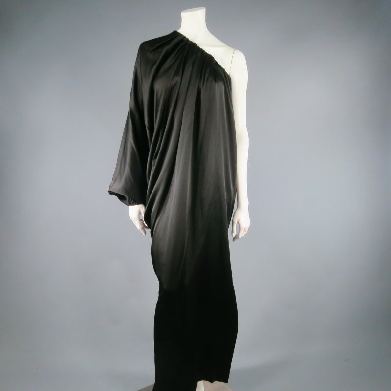 LANVIN 6 Black Silk Draped One Shoulder Dolman Sleeve Full Length Dress 2007 In Excellent Condition In San Francisco, CA