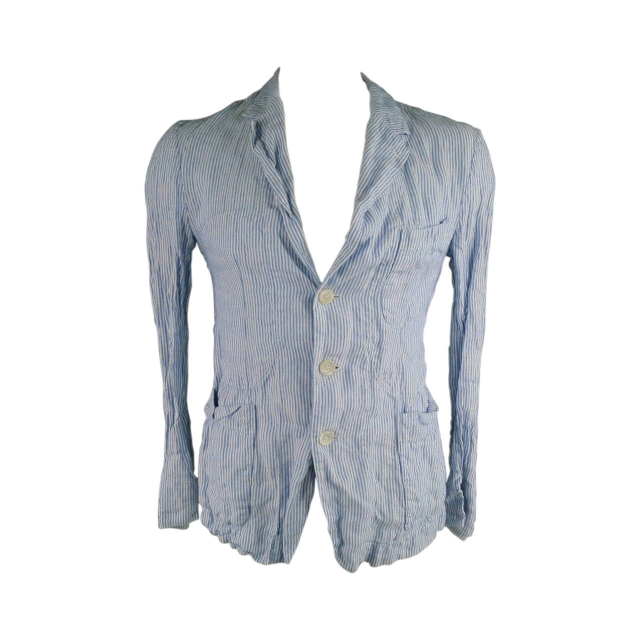 45rpm Men's 40 Blue and White Striped Winkle Textured Linen Light Sport