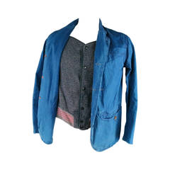 KAPITAL Men's 40 Indigo Textured Cotton Work Jacket with Built in Vest