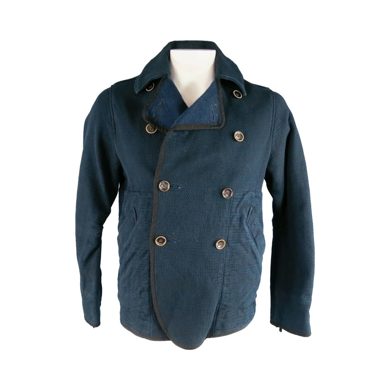 KAPITAL 40 Indigo Cotton Canvas Double Breasted Peacoat Jacket