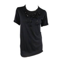 LANVIN Size M Black Sequin Embellished Raw Edge Pullover T Shirt