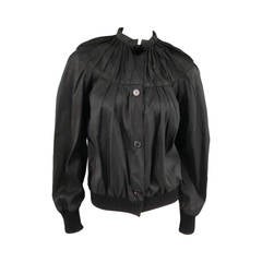 LANVIN Size 6 Black Silk Blend Gathered Taffeta Bomber Jacket