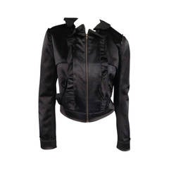 LANVIN Size 8 Black Hammered Satin Cropped Ruffle Jacket