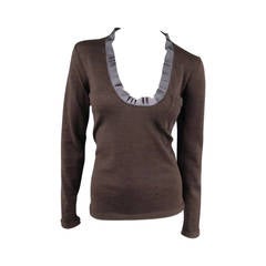 LANVIN Size M Taupe Wool Deep V Ribbon Trim Sweater 2004