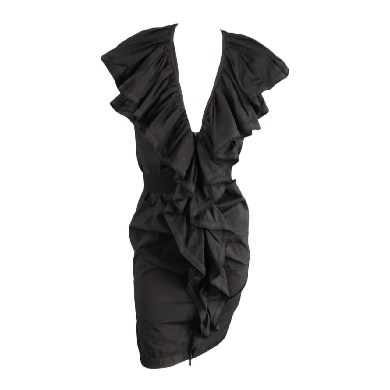 Lanvin Black Cotton Sleeveless Ruffle Collar Zip Dress