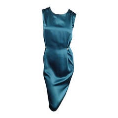 LANVIN Size 8 Teal satin Hook Eye Dart Shift Dress 2007