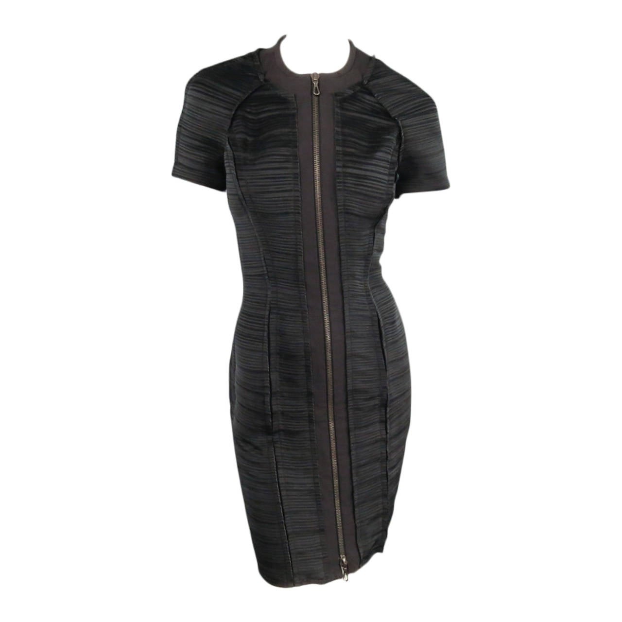 LANVIN Size 8 Black Pleated Satin Short Sleeve Zip Dress