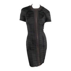 LANVIN Size 8 Black Pleated Satin Short Sleeve Zip Dress 10