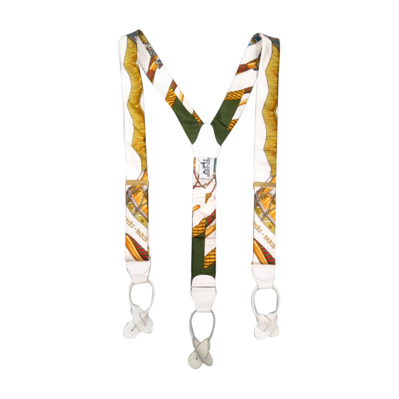 HERMES White Golden Ropes Ornate Print Silk Suspenders