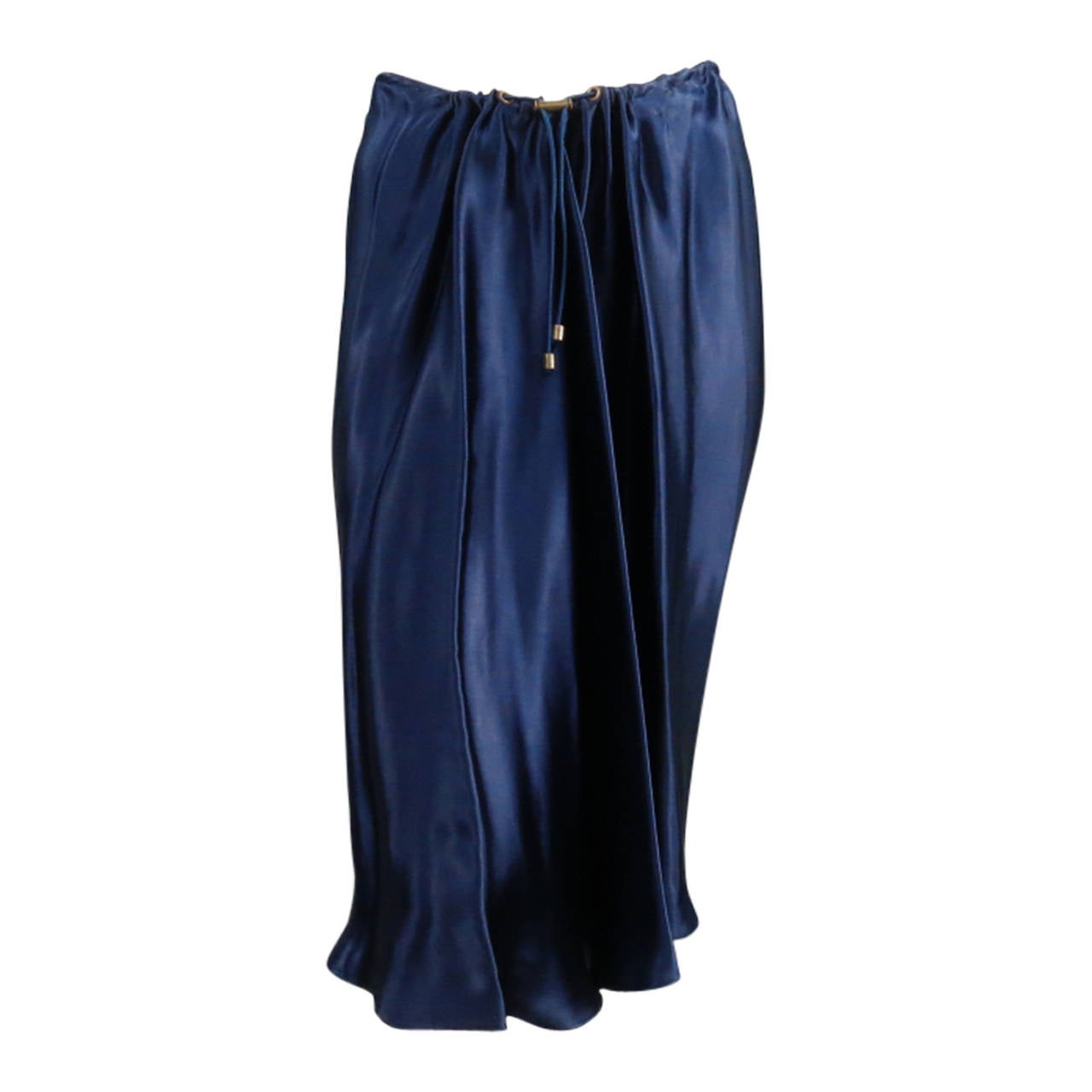 LANVIN Size 8 Navy Satin Elastic Drawstring Cord Skirt