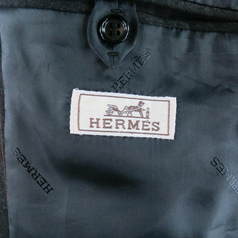 HERMES Men's 42 Regular Charcoal Pinstriped Wool 2 Button 3 Flap Pocket Suit 5